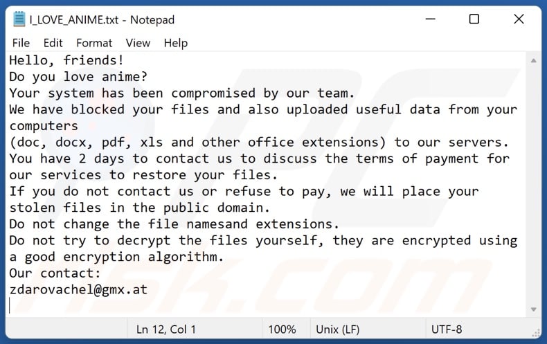 Anime ransomware ransom-demanding message (I_LOVE_ANIME.txt)