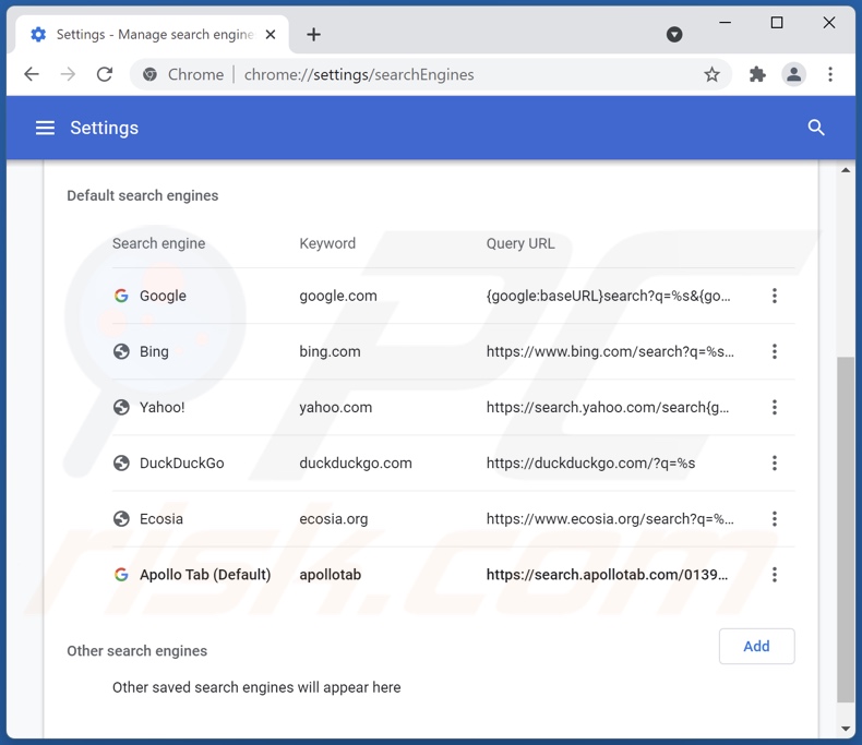 Removing search.apollotab.com from Google Chrome default search engine