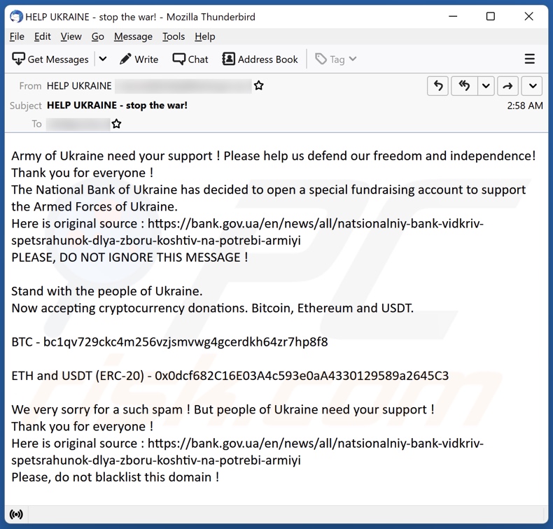 Army of Ukraine need your support email spam campaign