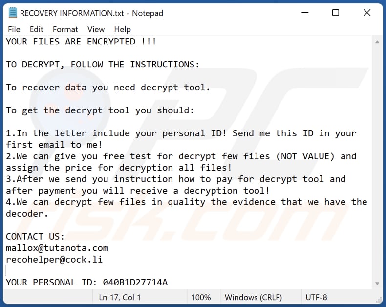 Avast ransomware text file (RECOVERY INFORMATION.txt)