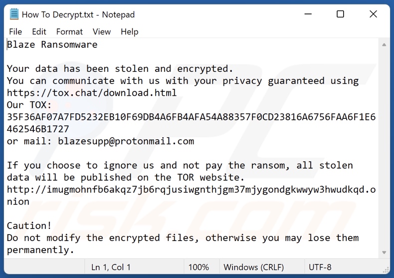 Blaze ransomware ransom-demanding message (How To Decrypt.txt)
