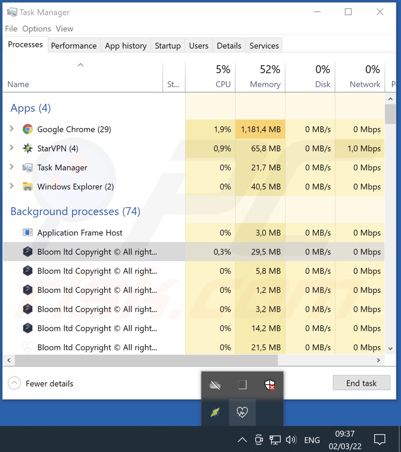 Bloom adware process on Task Manager (Bloom ltd Copyright © All rights reserved - process name)