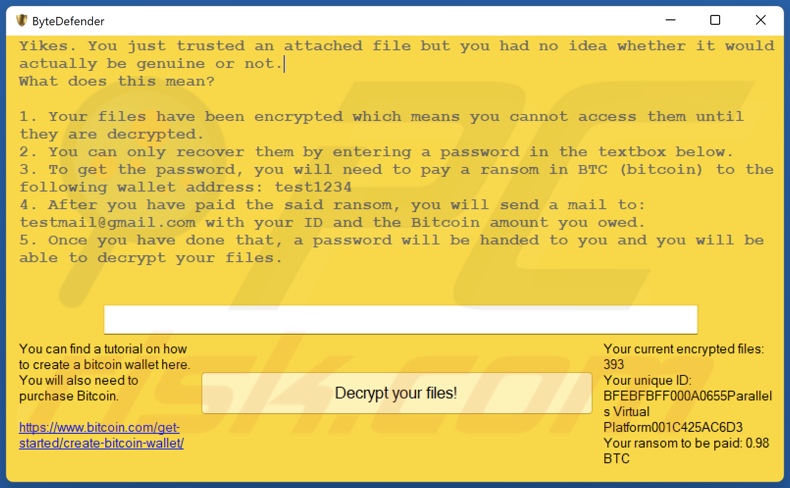 ByteDefender ransomware ransom-demanding message (pop-up)
