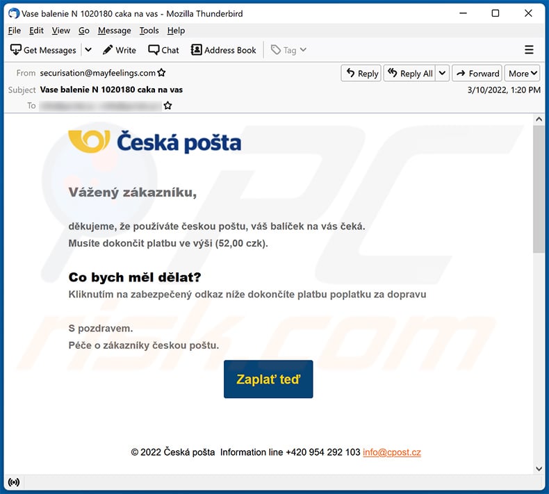 Česká Pošta-themed spam email (2022-03-15)