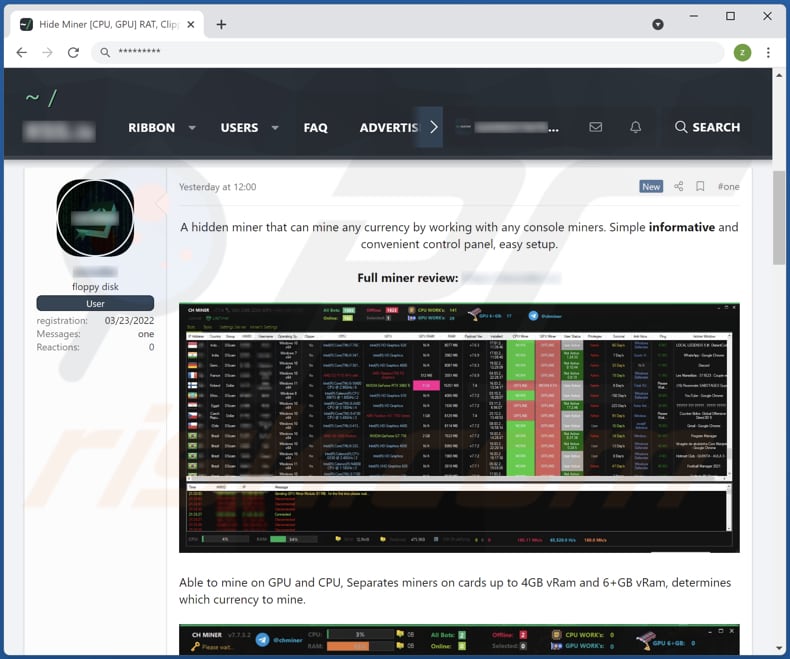 CH Miner malware promoted on hacker forum