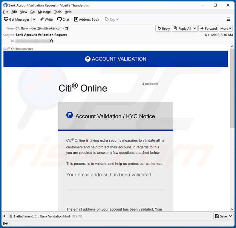 Citi Bank-themed spam email (2022-03-15)