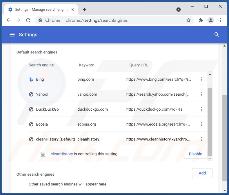 Removing cleanhistory.xyz from Google Chrome default search engine