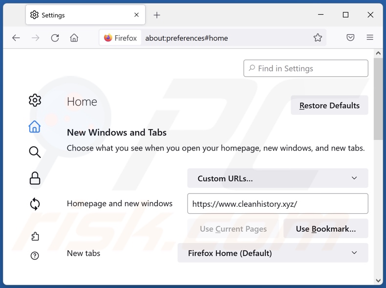 Removing cleanhistory.xyz from Mozilla Firefox homepage