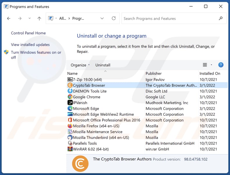 CryptoTab Browser uninstall via Control Panel