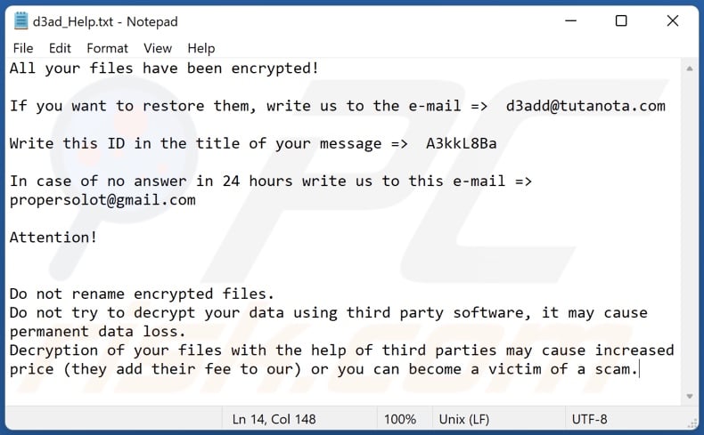 D3adCrypt ransomware ransom-demanding message (d3ad_Help.txt)