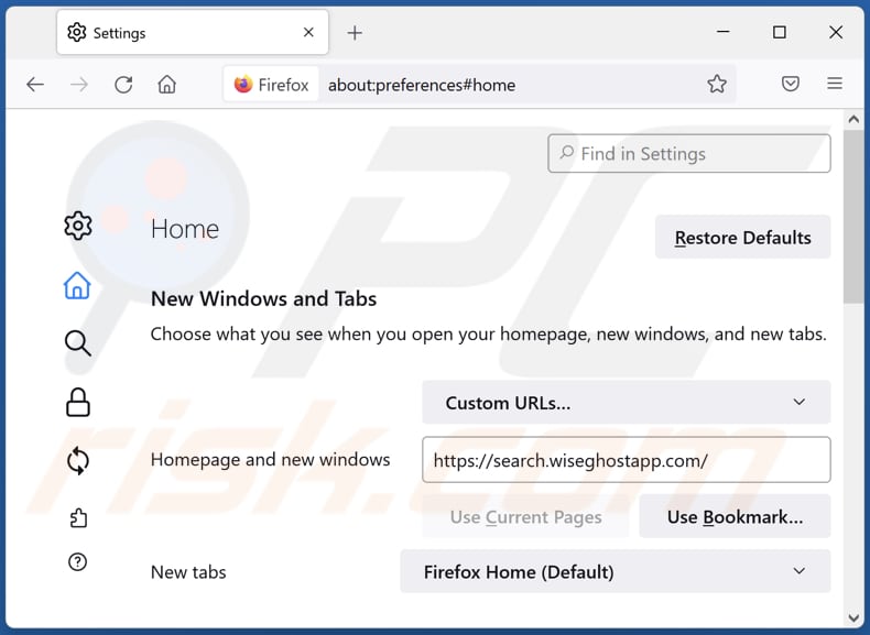 Removing search.wiseghostapp.com from Mozilla Firefox homepage