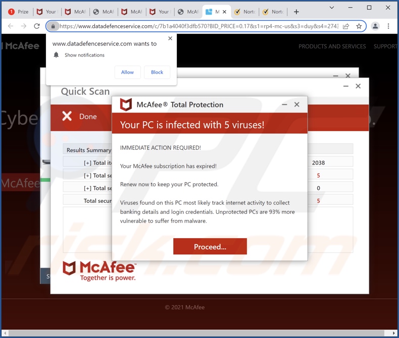 datadefenceservice[.]com website running a McAfee scam