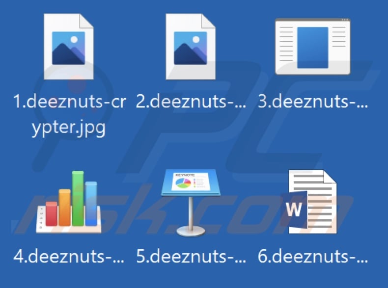 Files encrypted by DeezNuts Crypter ransomware (.deeznuts-crypter. inserted extension)