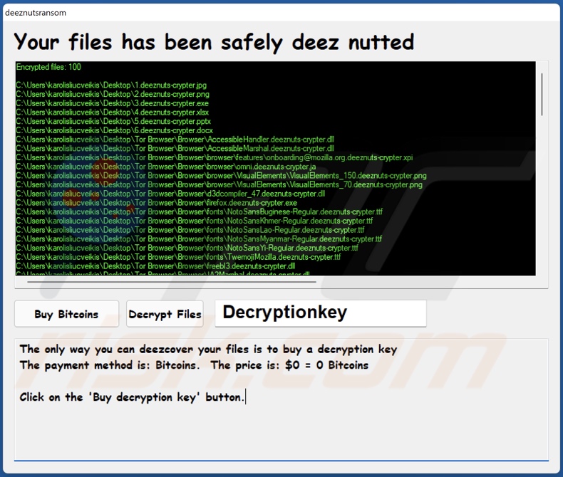 DeezNuts Crypter ransomware ransom-demanding message (pop-up)