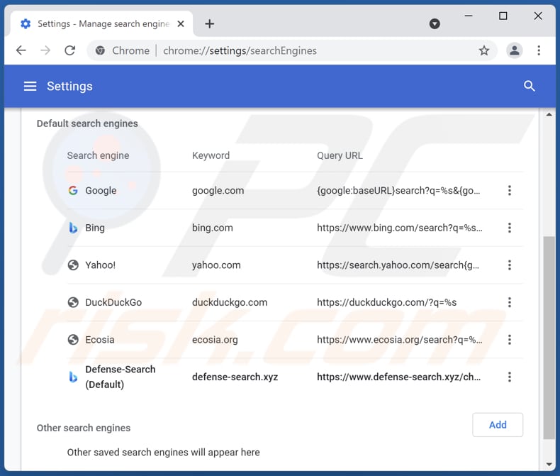 Removing defense-search.xyz from Google Chrome default search engine