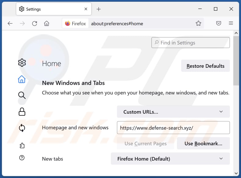 Removing defense-search.xyz from Mozilla Firefox homepage