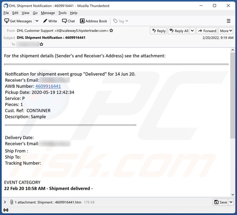DHL Shipment Details email spam campaign