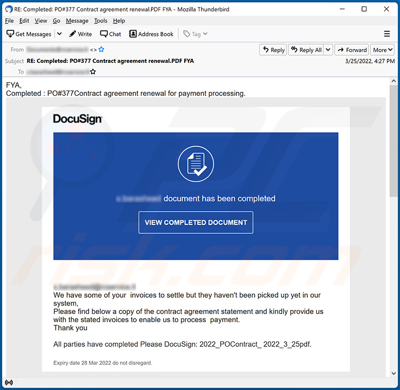 DocuSign-themed spam email promoting a phishing site (2022-03-28)
