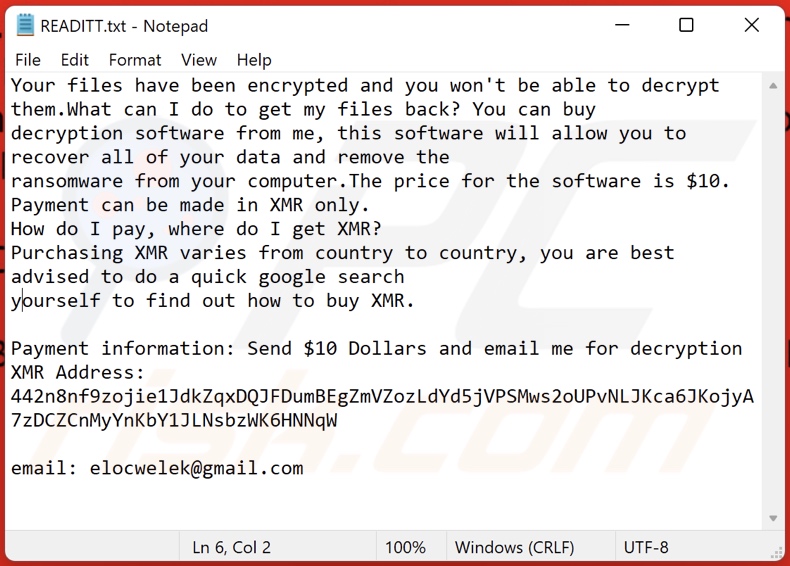 Dodohacked ransomware ransom-demanding message (READITT.txt)