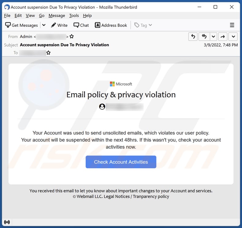 Email policy & privacy violation email scam