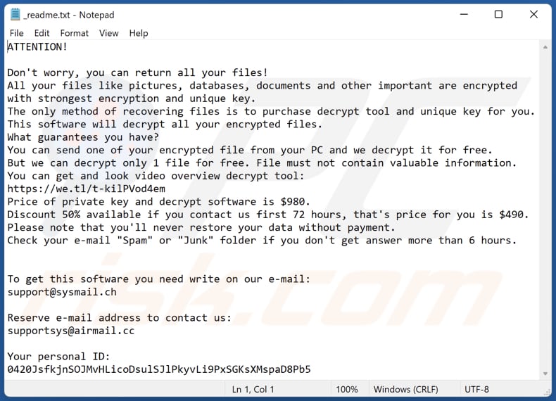 Eyrv ransomware text file (_readme.txt)