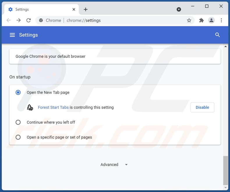 Removing foreststarttabs.com from Google Chrome homepage