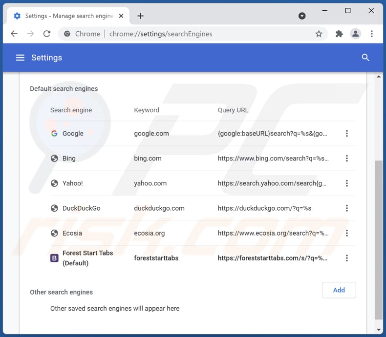 Removing foreststarttabs.com from Google Chrome default search engine