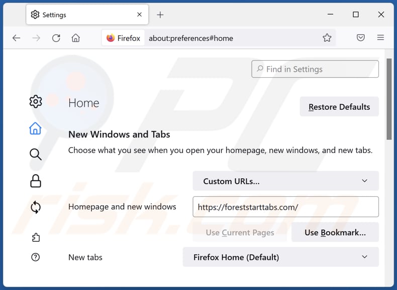 Removing foreststarttabs.com from Mozilla Firefox homepage