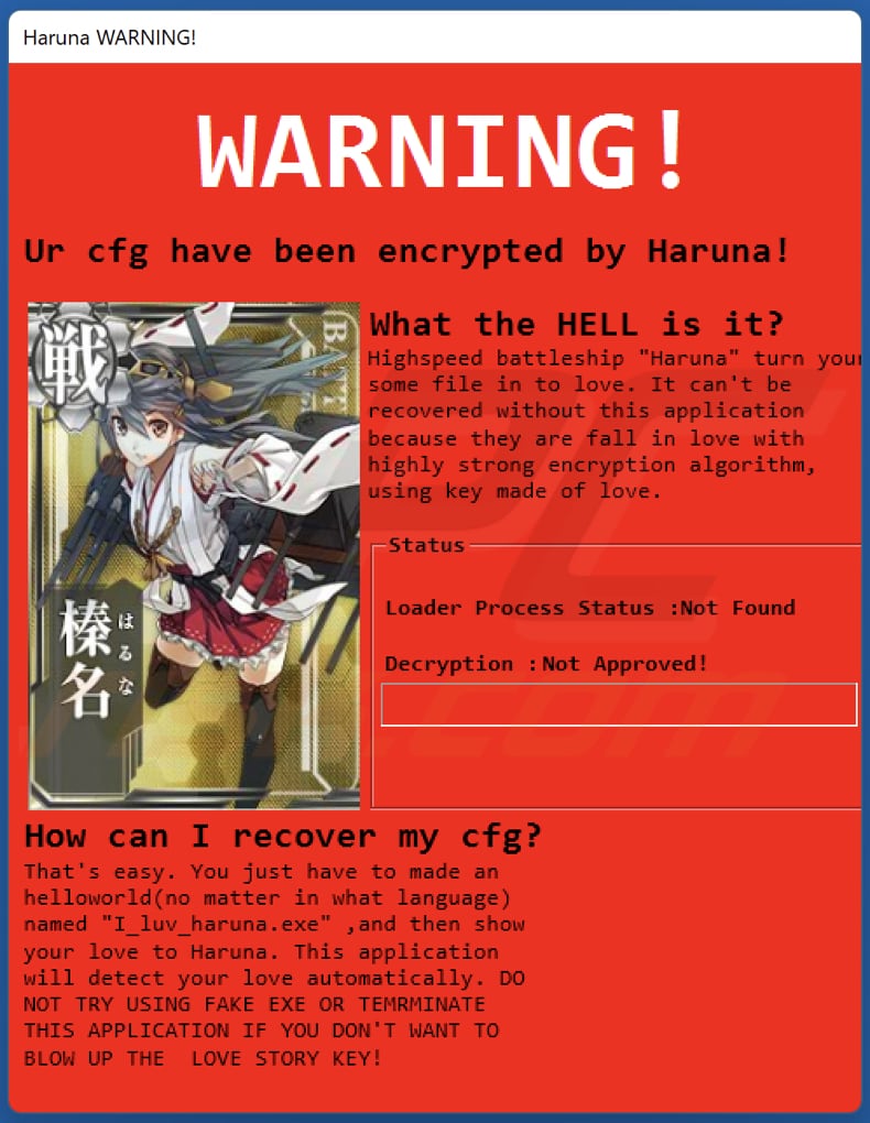 Haruna ransomware pop-up window