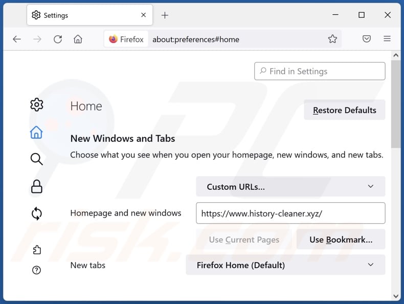 Removing history-cleaner.xyz from Mozilla Firefox homepage