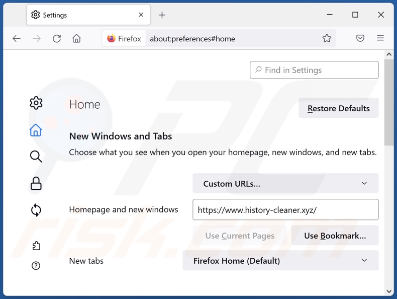 Removing history-cleaner.xyz from Mozilla Firefox homepage