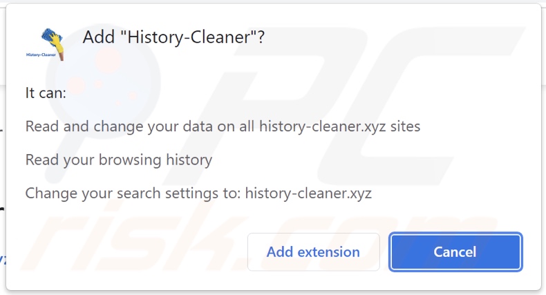 History-Cleaner browser hijacker asking for permissions