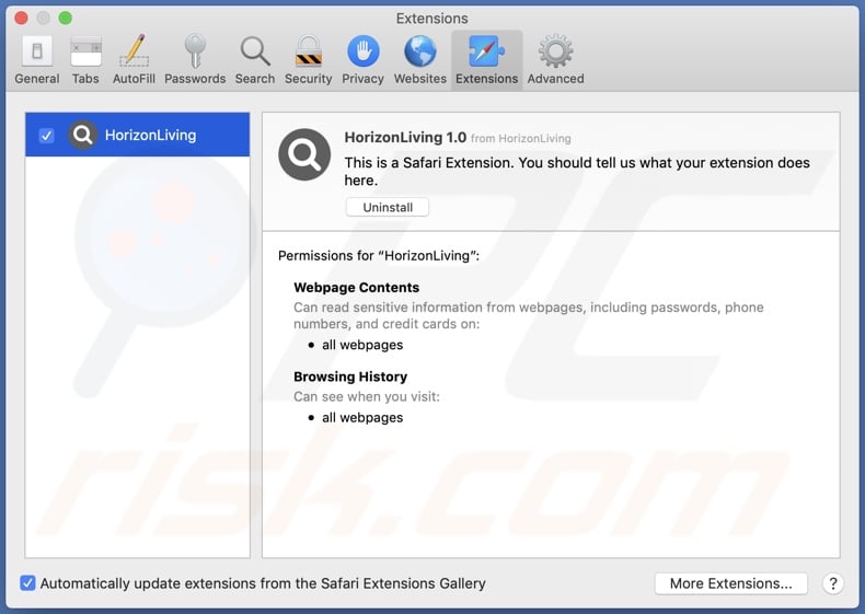 HorizonLiving adware installed onto Safari