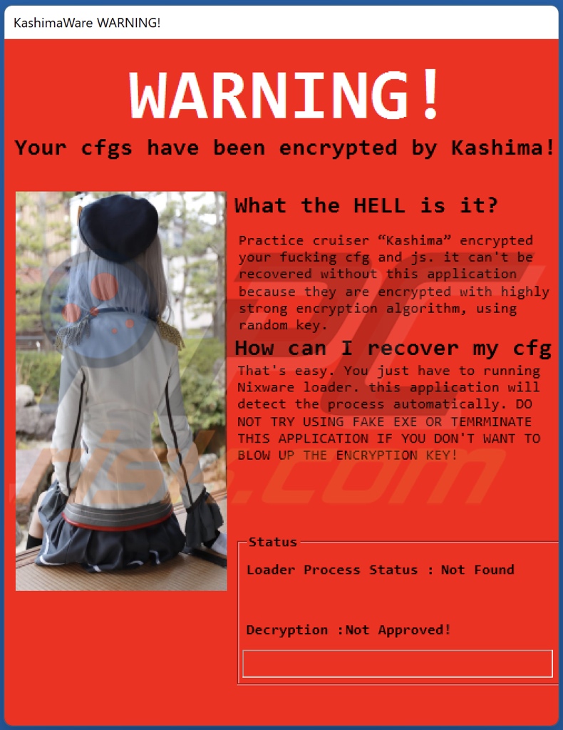 Kashima ransomware ransom-demanding message (pop-up)
