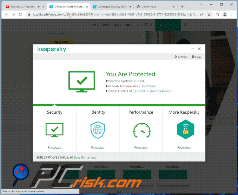 Appearance of Kaspersky - Your PC is infected with 5 viruses! scam