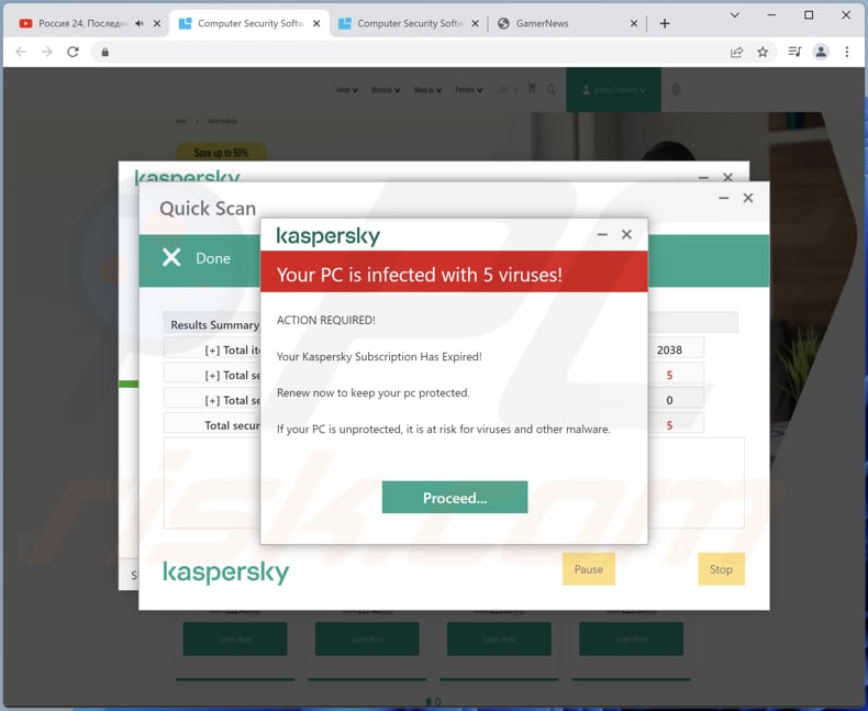 Kaspersky - Your PC is infected with 5 viruses! scam