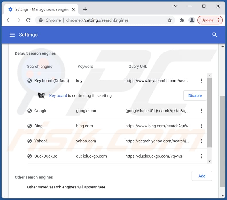 Removing keysearchs.com from Google Chrome default search engine