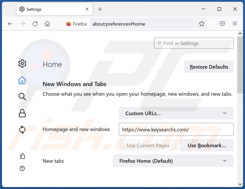Removing keysearchs.com from Mozilla Firefox homepage