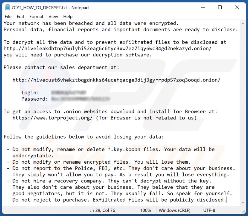 Koobn ransomware ransom-demanding message (7CYT_HOW_TO_DECRYPT.txt)