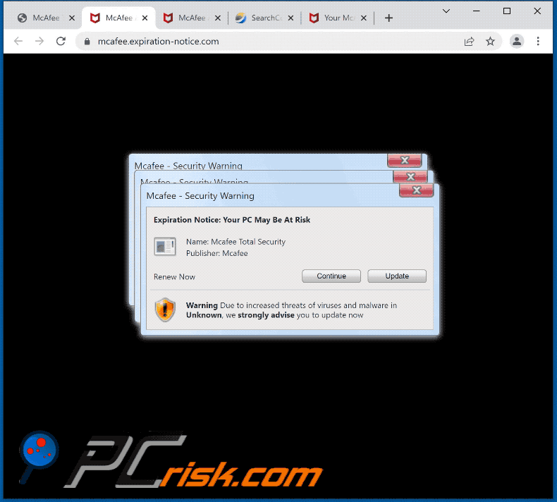 Appearance of Mcafee - Security Warning scam