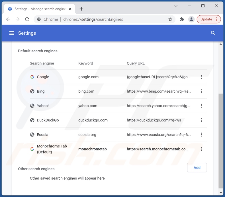 Removing search.monochrometab.com from Google Chrome default search engine