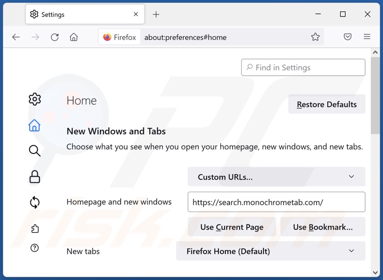 Removing search.monochrometab.com from Mozilla Firefox homepage