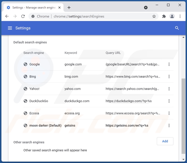 Removing getsins.com from Google Chrome default search engine