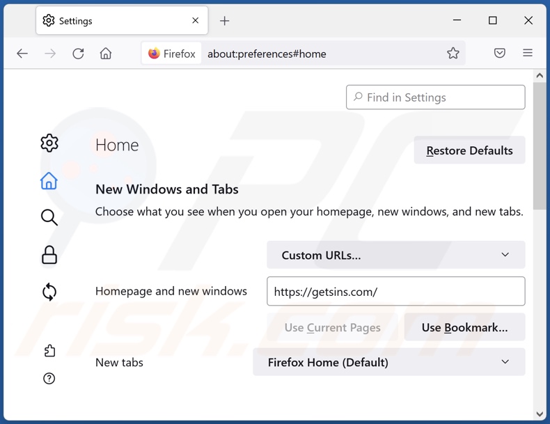 Removing getsins.com from Mozilla Firefox homepage