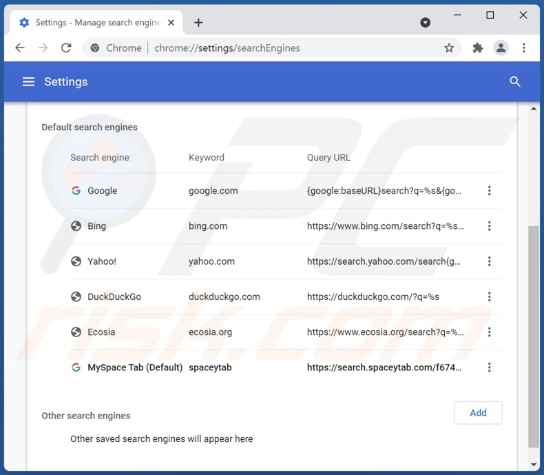 Removing search.spaceytab.com from Google Chrome default search engine