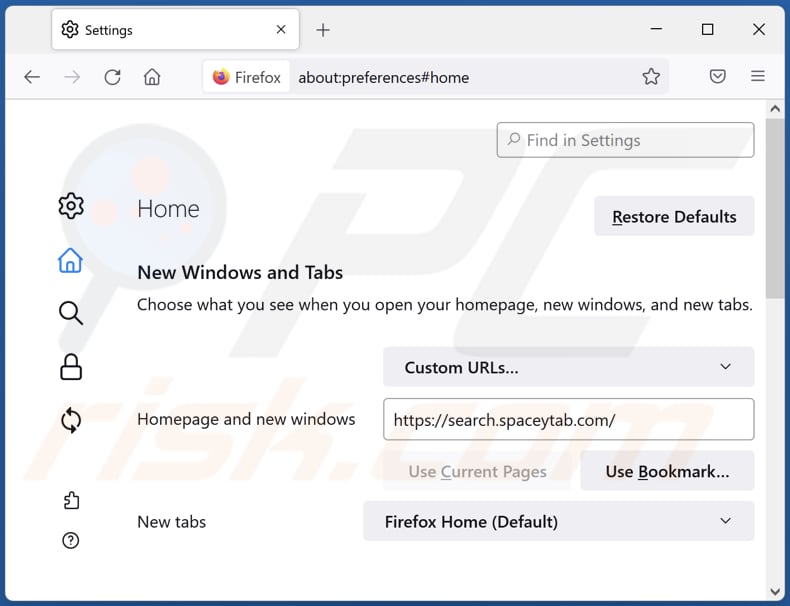 Removing search.spaceytab.com from Mozilla Firefox homepage