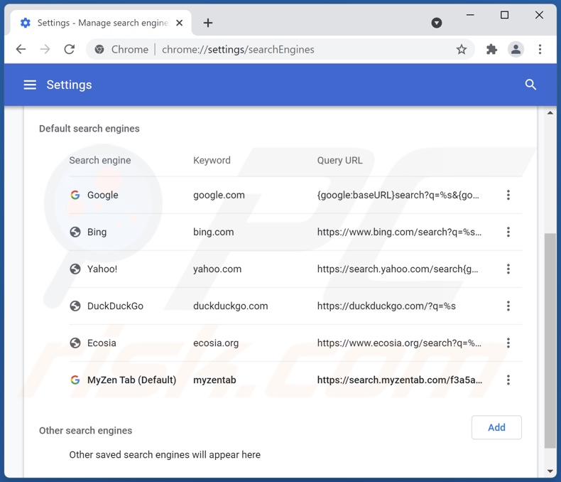 Removing search.myzentab.com from Google Chrome default search engine