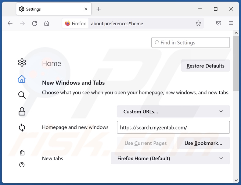 Removing search.myzentab.com from Mozilla Firefox homepage