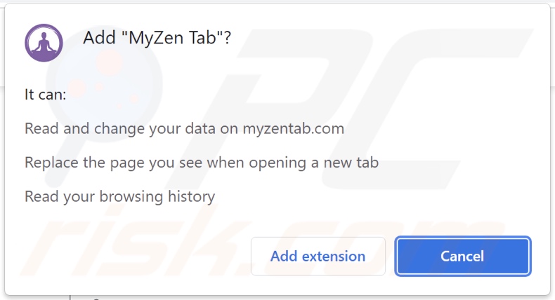 MyZen Tab browser hijacker asking for permissions