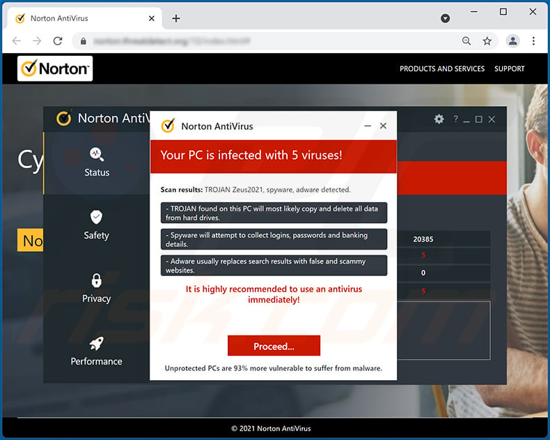 Norton AntiVirus - Your PC is infected with 5 viruses! pop-up scam (2022-03-04)